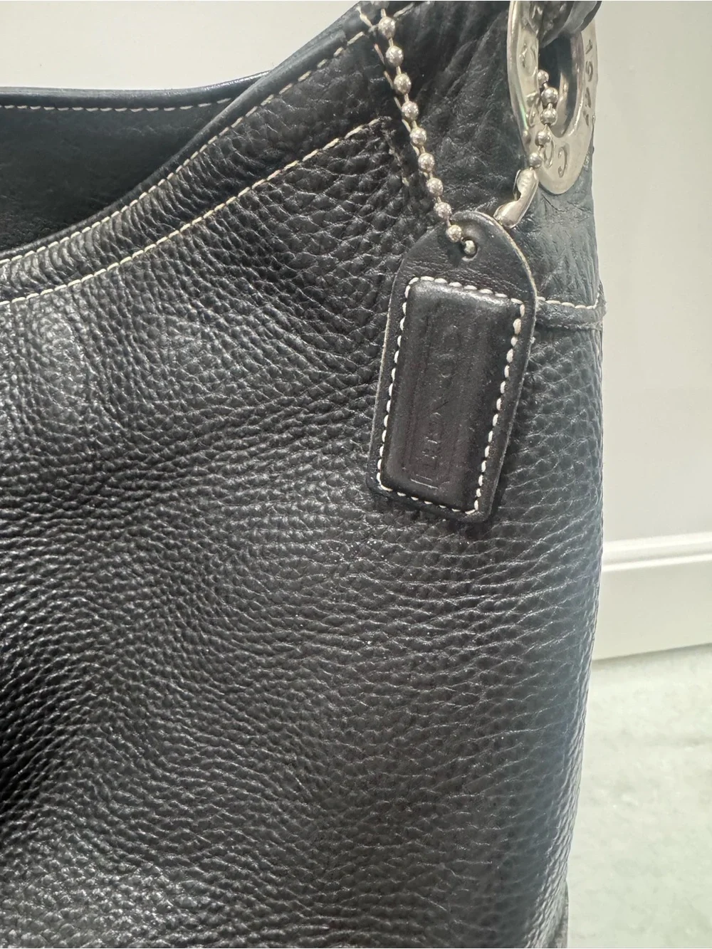 Black Leather Shoulder Bag with Contrast Stitching by Coach